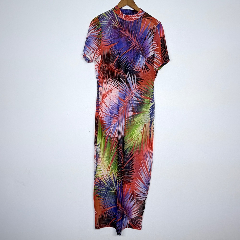 The Curve by Judani Tropical Mesh Maxi Dress 2X Multi Color Palm Print Mock Neck